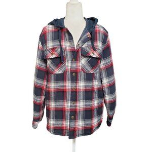 Legendary Outfitters Flannel Shirt Jacket Mens Size Small Red Plaid Print Hooded